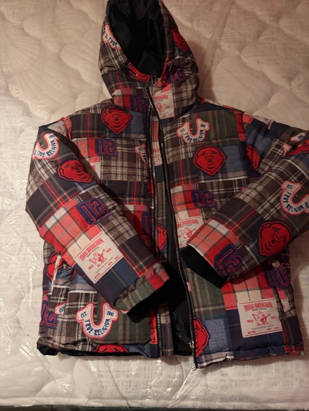 True Religion men Plaid Puffer Jacket in Red, Blue, Green